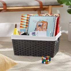New Release 13 17" X 12" X 8" Large Woven Lined Basket Black - Brightroom™