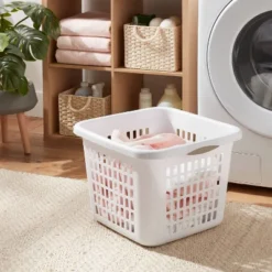 Brightroom 9 1.5bu Plastic Square Laundry Basket - Brightroom™: Medium White Clothes Hamper With Built-In Handles, Portable Storage