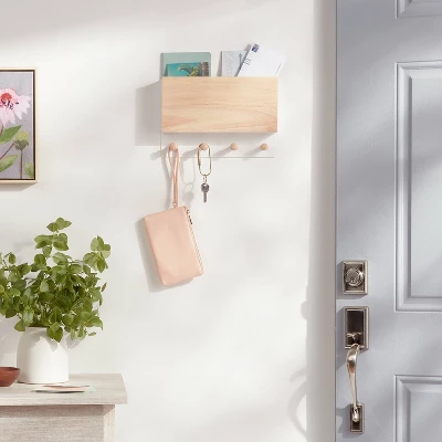 Mixed Material Mail Holder Matte White Hooks On Light Wood - Brightroom™ 1 Mixed Material Mail Holder Matte White Hooks On Light Wood - Brightroom™