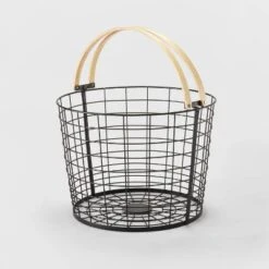 Round Black Wire With Natural Wood Handles Floor Basket - Brightroom™ -Brightroom GUEST 96a85611 d85f 4469 95c9 38a133b60f86
